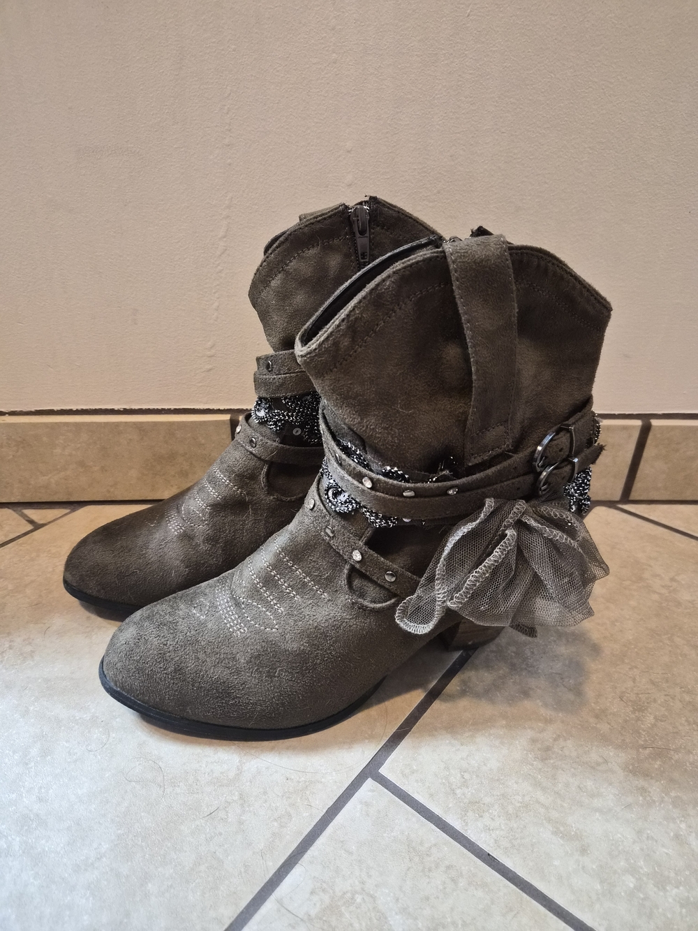 Mojo Moxy Brown Suede Ankle Boots with Bow & Buckle Trim